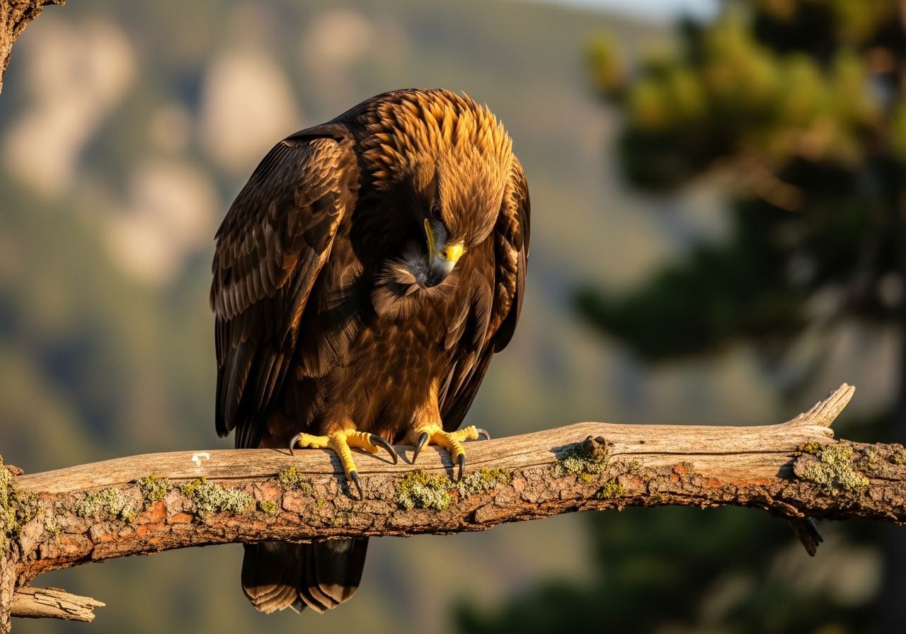 Ilustración — águila real acicalándose en rama de pino al atardecer