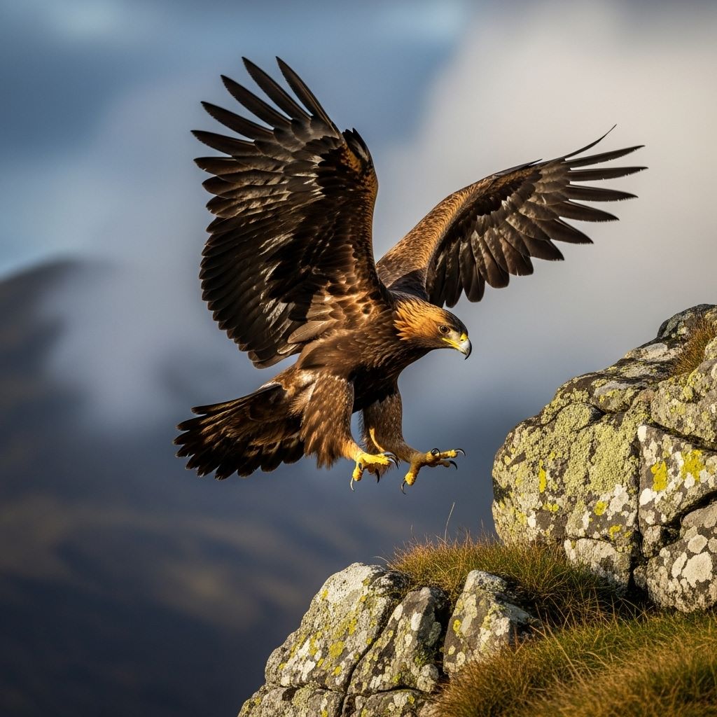Ilustración — águila real aterrizando con garras extendidas en acantilado