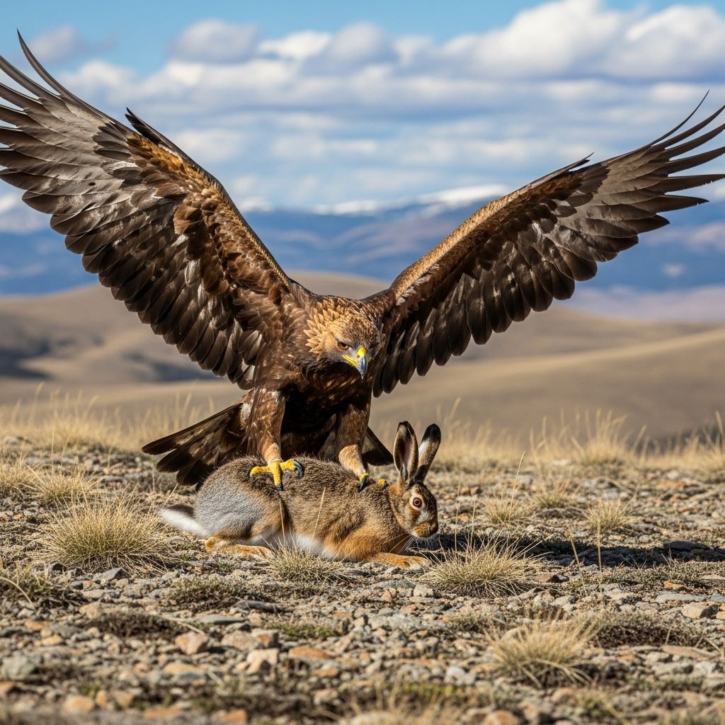 Ilustración — águila real capturando conejo en pastizal árido