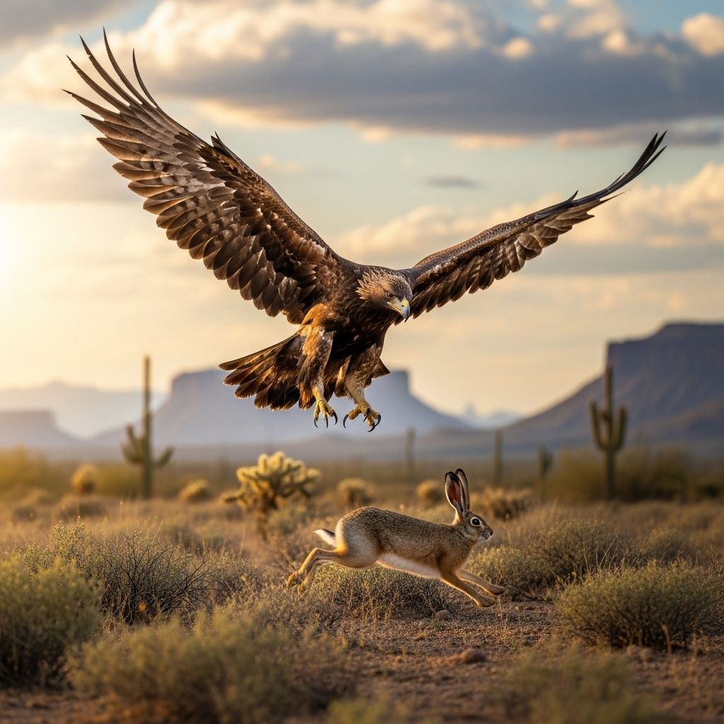 Ilustración — águila real cazando liebre Lepus en desierto mexicano