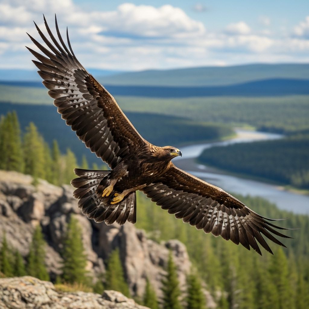 Ilustración — águila real en vuelo sobre bosque boreal y río