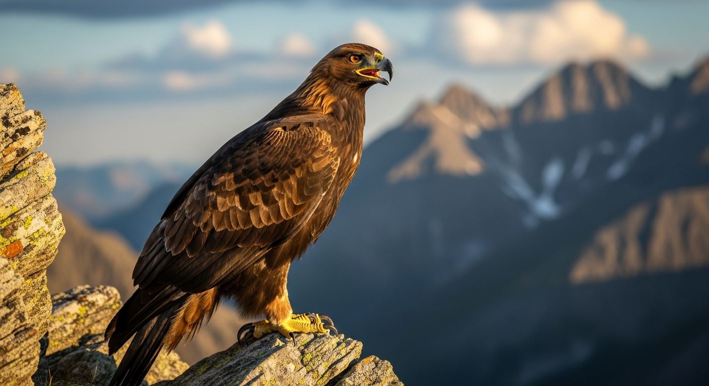 Ilustración — águila real perchada en roca vocalizando en sierra mexicana